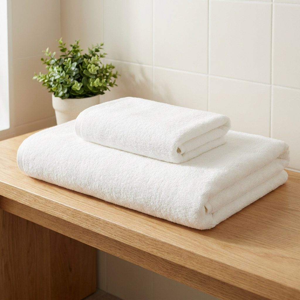 White bamboo bath towel set with matching hand towels — folded stack