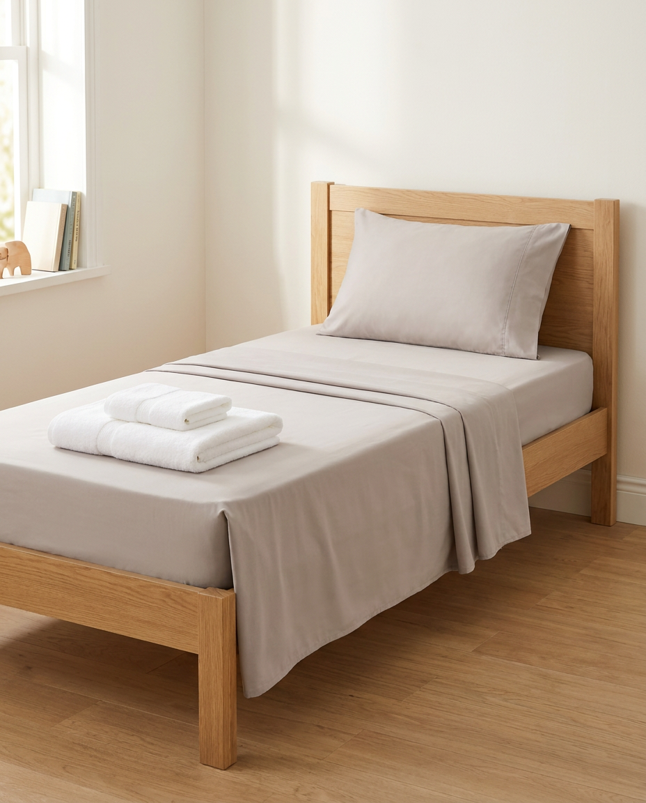 Big Kid Bed Bundle — Beige single sheet set with white bath and hand towels