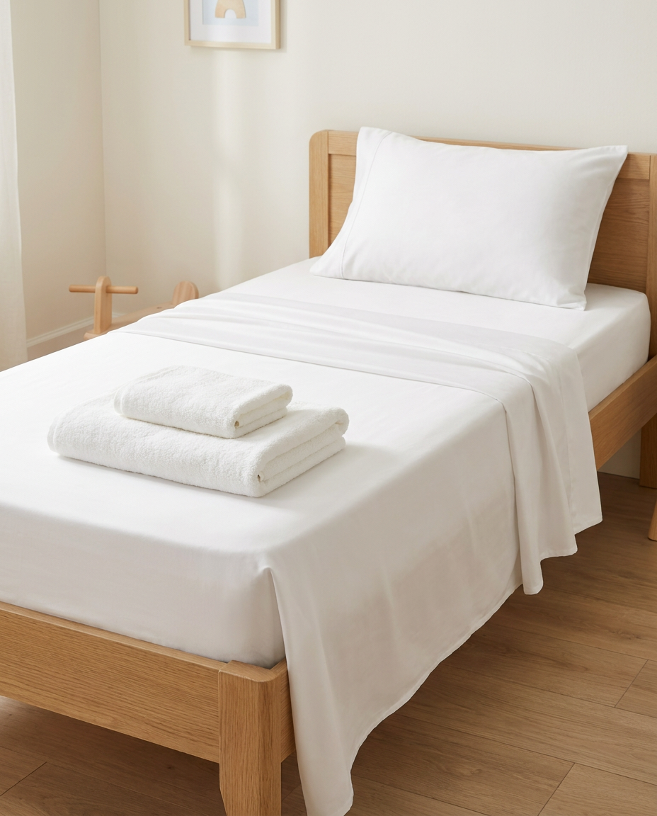 Big Kid Bed Bundle — White single sheet set with white bath and hand towels