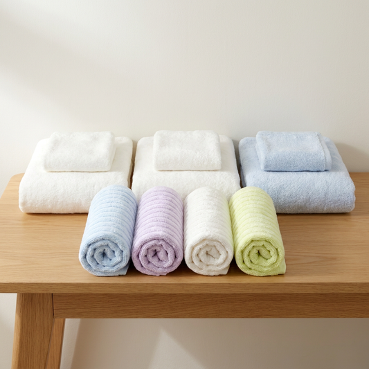 Family Towel Bundle — two white and one blue bamboo bath towel sets