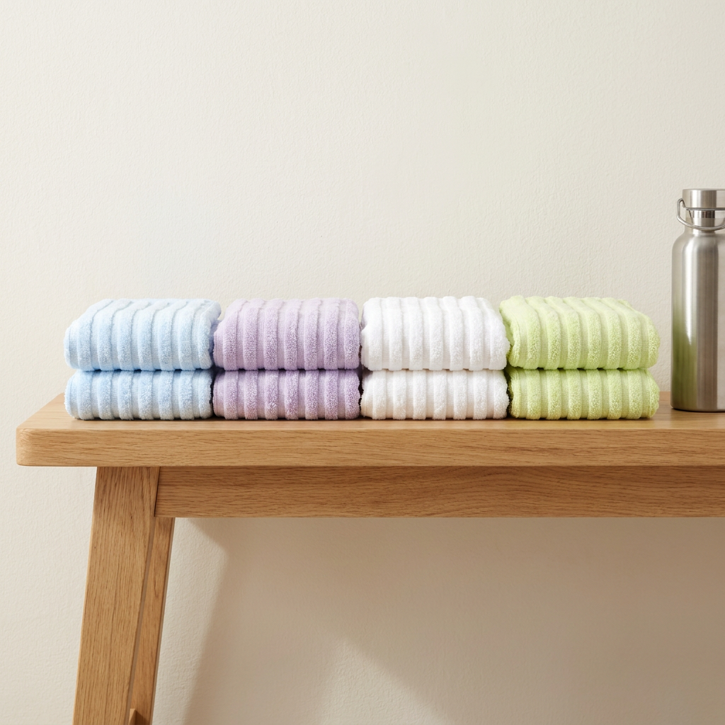 Gym towel 8-pack — eight small ribbed bamboo towels in blue, purple, white and green