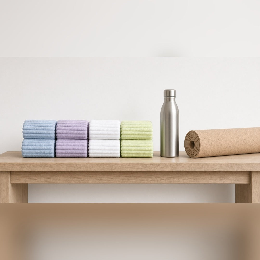 Gym towel 8-pack — small ribbed bamboo towels stacked by colour