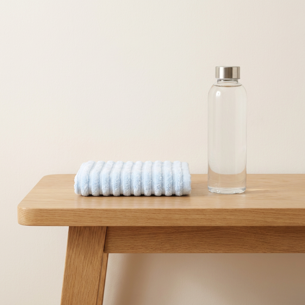 Bamboo hand towel / gym towel in Blue — small folded towel with water bottle for scale