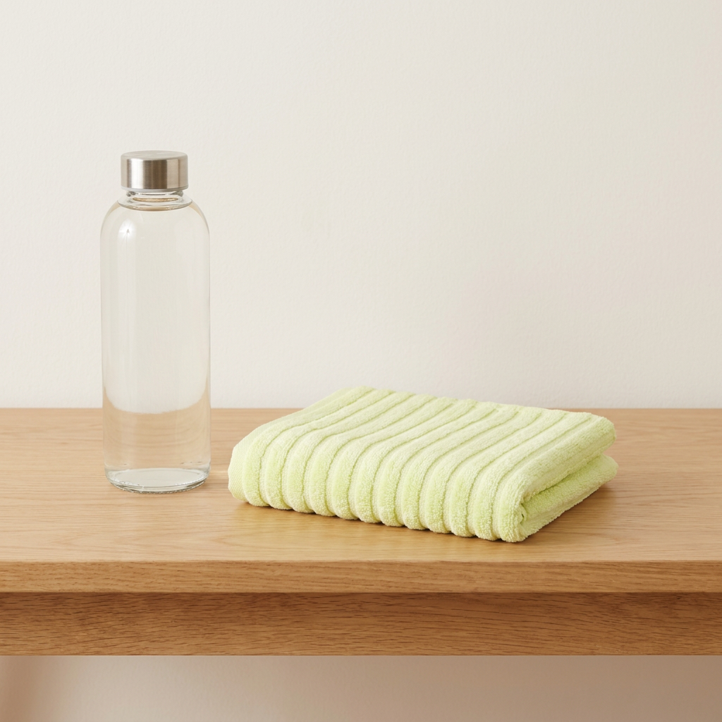Bamboo hand towel / gym towel in Green — small folded towel with water bottle for scale
