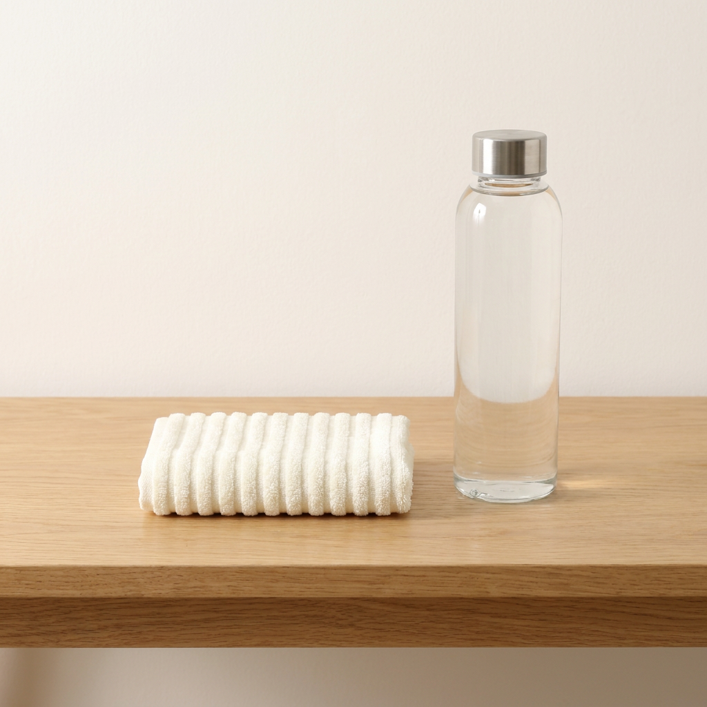 Bamboo hand towel / gym towel in White — small folded towel with water bottle for scale
