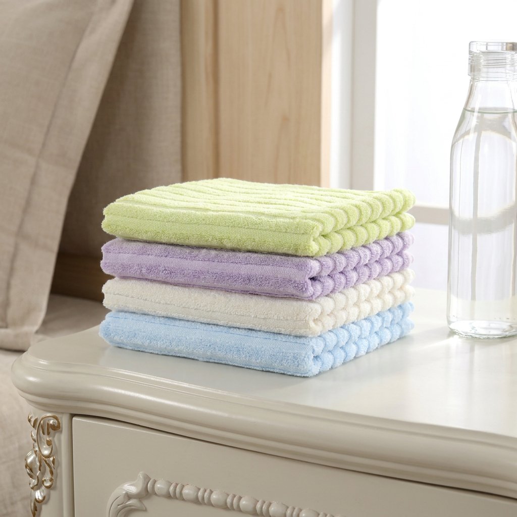 Bamboo hand towels — four-colour small stack on a bedside table