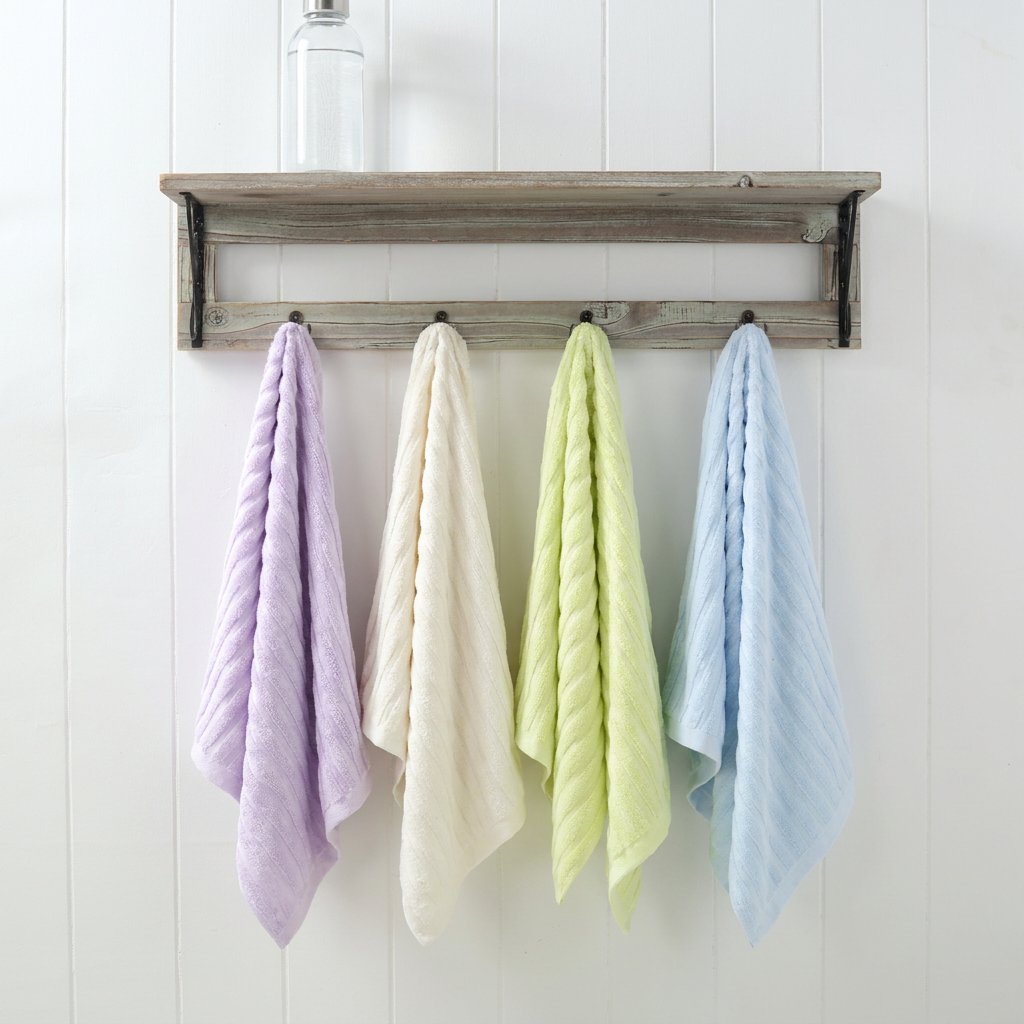 Bamboo hand towels hanging — Purple, White, Green and Blue