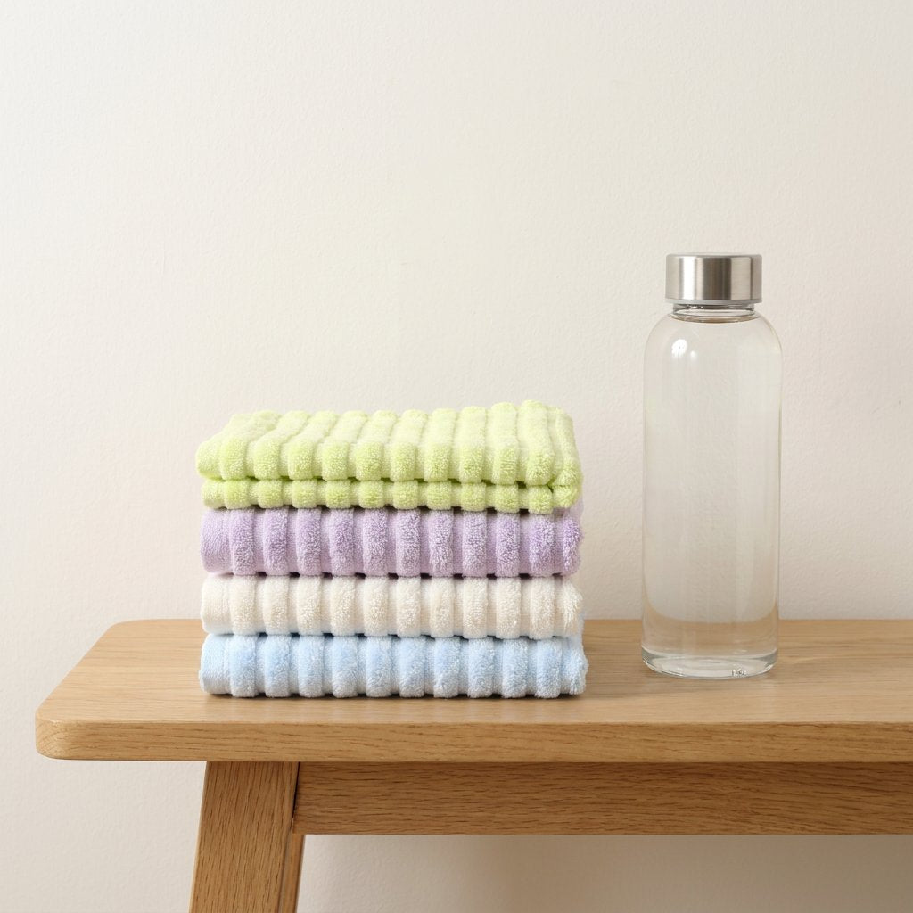 Bamboo hand towels — Blue, Purple, White and Green small stack with water bottle