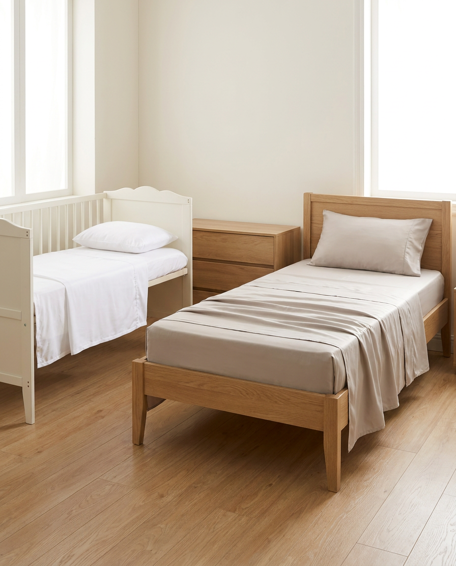 Nursery bundle — white cot and Beige single bamboo sheet sets