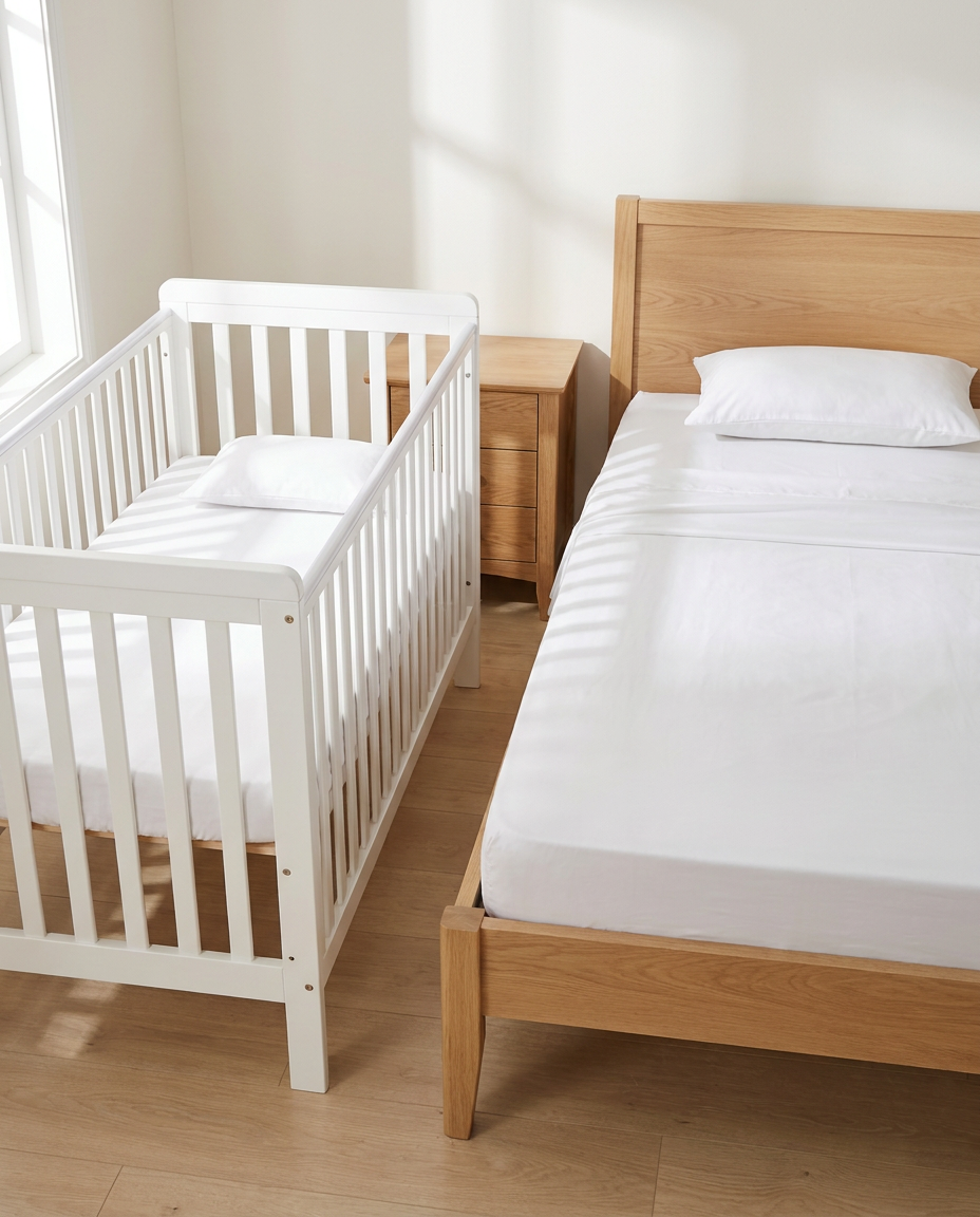 Nursery bundle — white bamboo cot sheet set and single sheet set on a cot and single bed