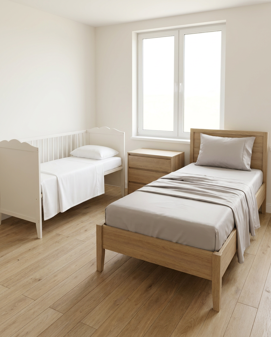 Nursery bundle — white cot and Grey single bamboo sheet sets