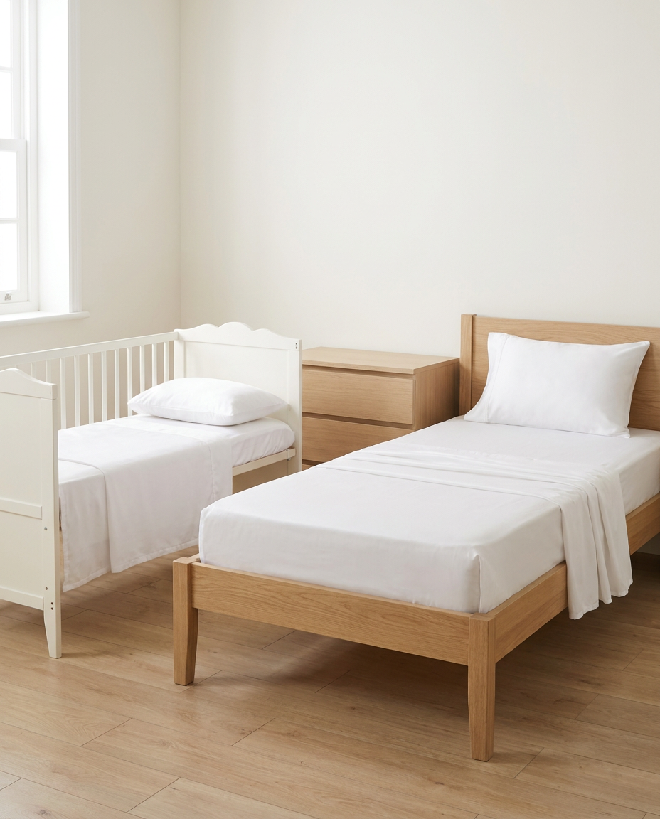 Nursery bundle — white cot and white single bamboo sheet sets