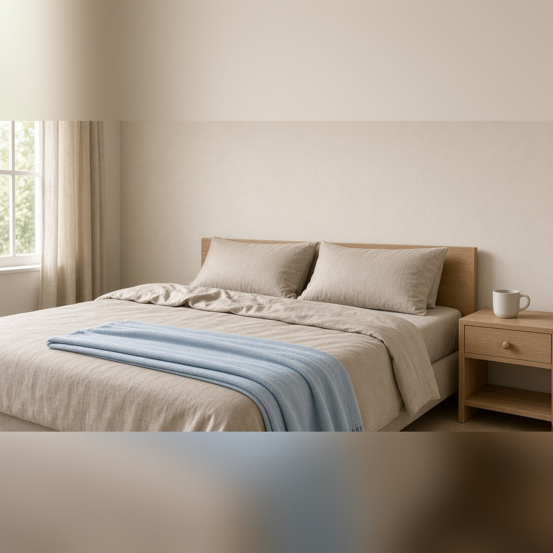 Queen Sleep Set — Beige sheets with Light Blue bamboo blanket