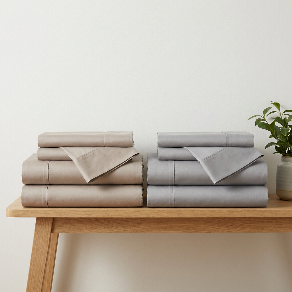 King sheet duo — folded Beige and cool Grey bamboo sheet sets on a timber bench