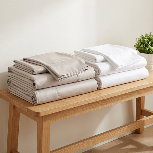 Double sheet duo — folded Beige and White bamboo sheet sets on a timber bench