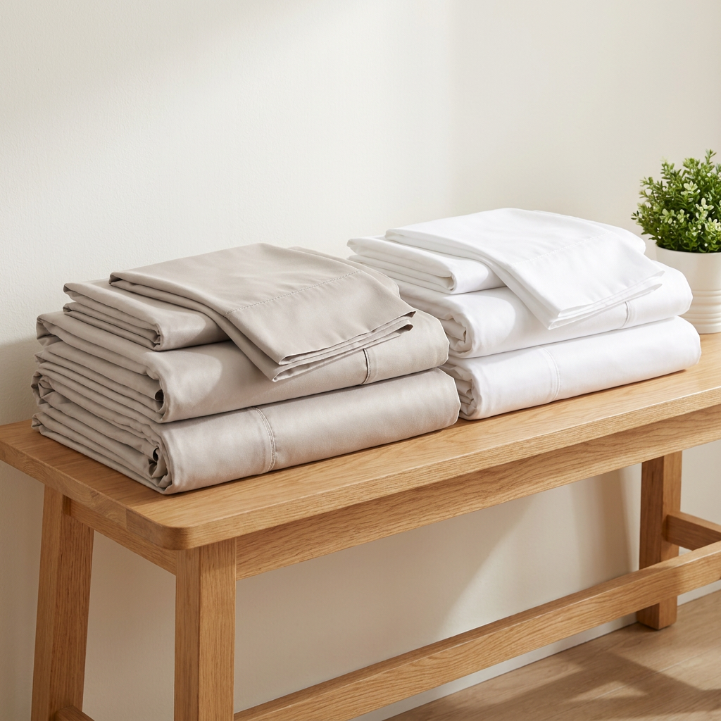 King sheet duo — folded Beige and White bamboo sheet sets on a timber bench