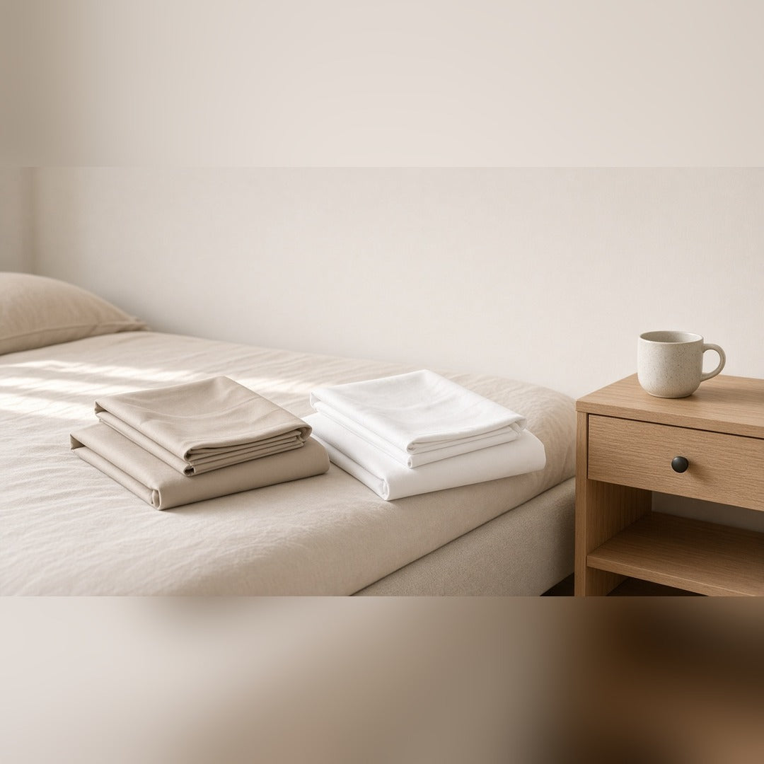 King sheet duo — Beige and White bamboo sheet stacks on a timber bench