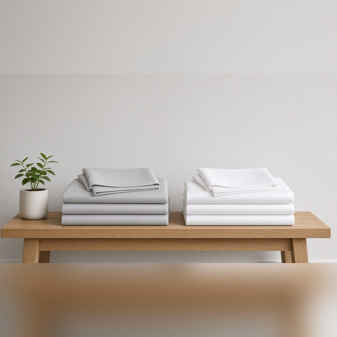 King sheet duo — Grey and White bamboo sheet stacks on a timber bench