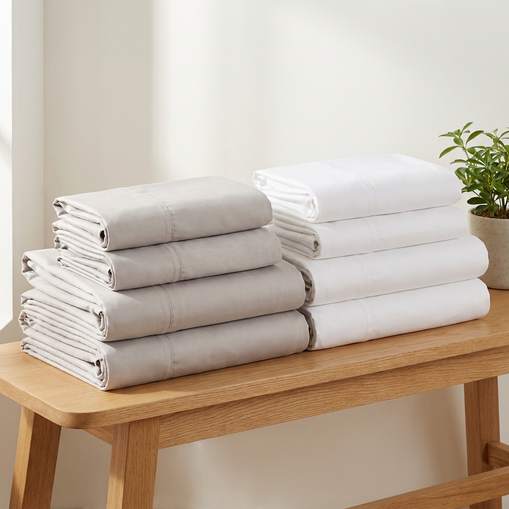 King sheet duo — folded Grey and White bamboo sheet sets on a timber bench