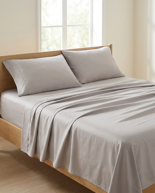 Bamboo bed sheet set in cool Grey on a timber bed — fitted sheet, flat sheet and pillowcases