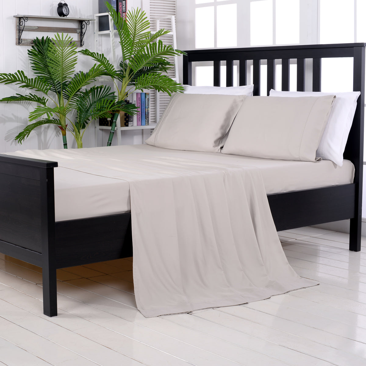 Bamboo bed sheets in Beige (warm taupe) — folded set detail
