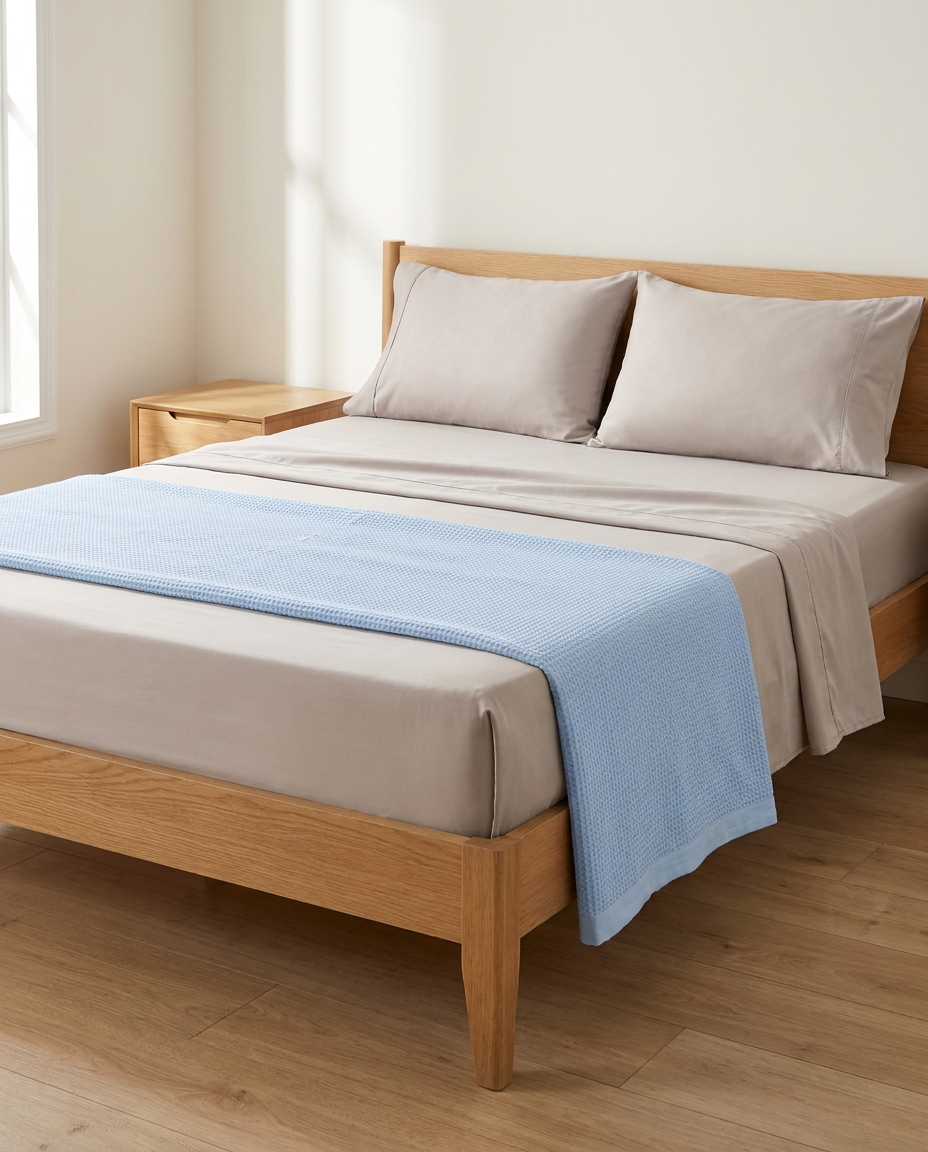 Queen Sleep Set — Beige bamboo sheets with Light Blue blanket