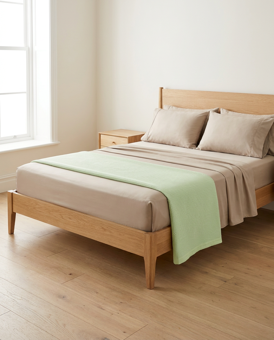 Queen Sleep Set — Beige bamboo sheets with Green blanket