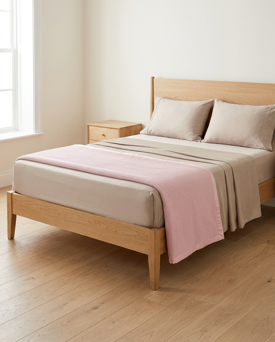 Queen Sleep Set — Beige bamboo sheets with Pink blanket