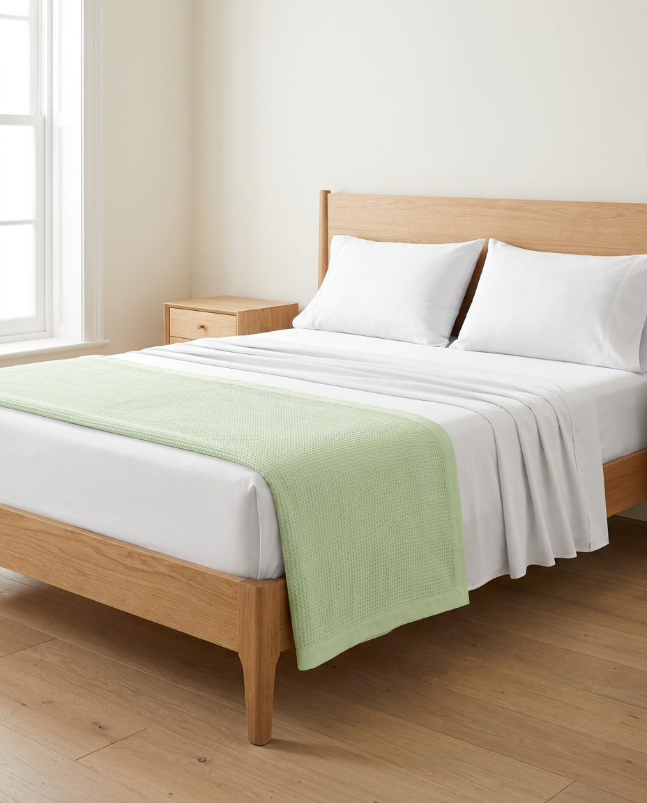 Queen Sleep Set — White bamboo sheets with Green blanket