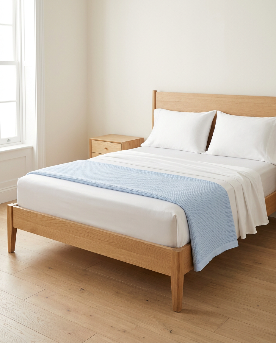 Queen Sleep Set — White bamboo sheets with Light Blue blanket